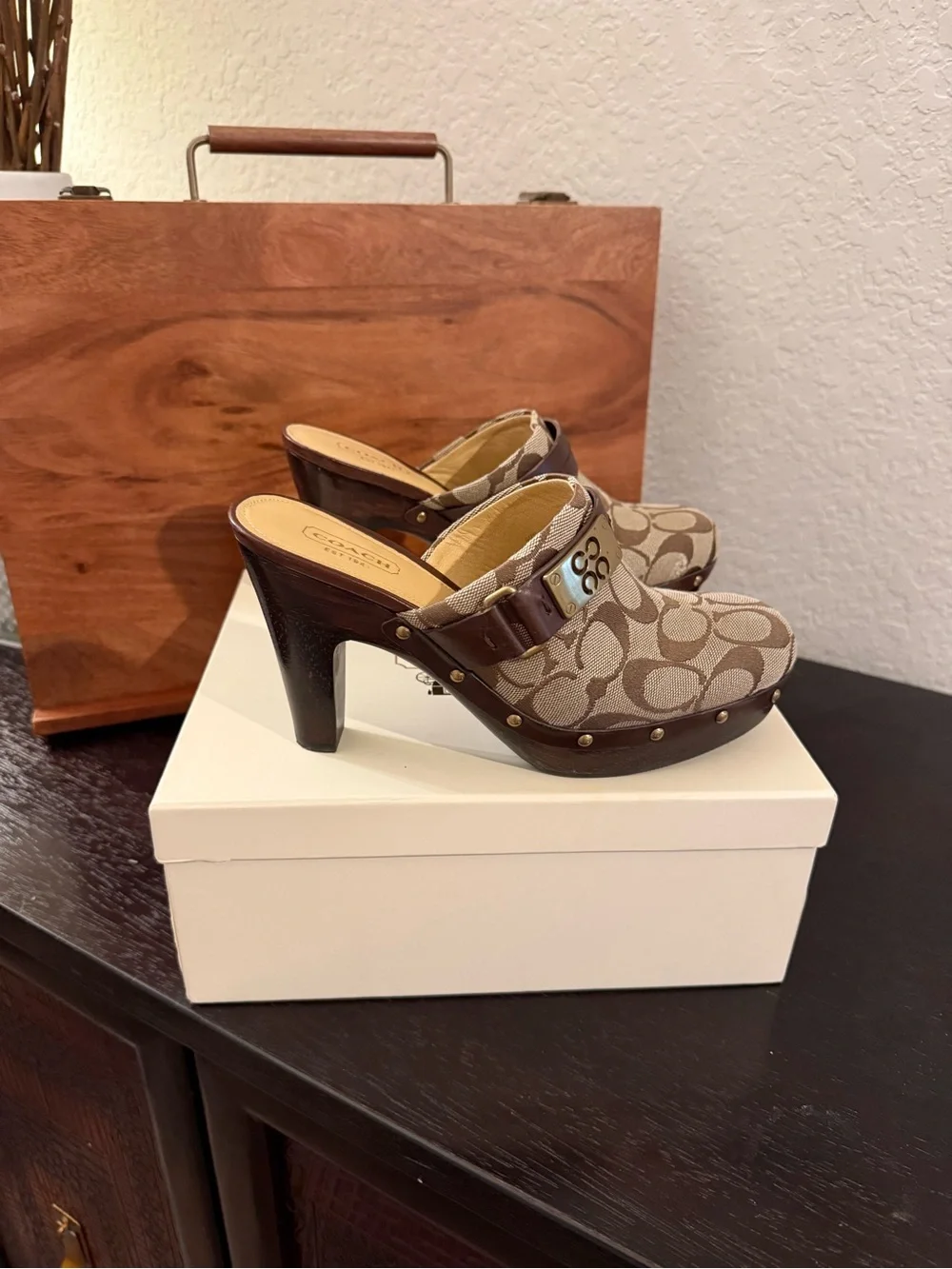 Coach Brown & Beige Signature Canvas Clog Mules